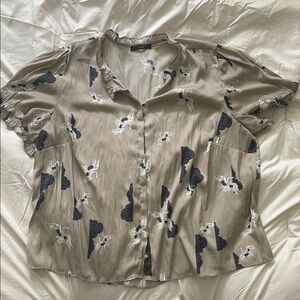 T Tahari Tan Relaxed Blouse with Notched Collar